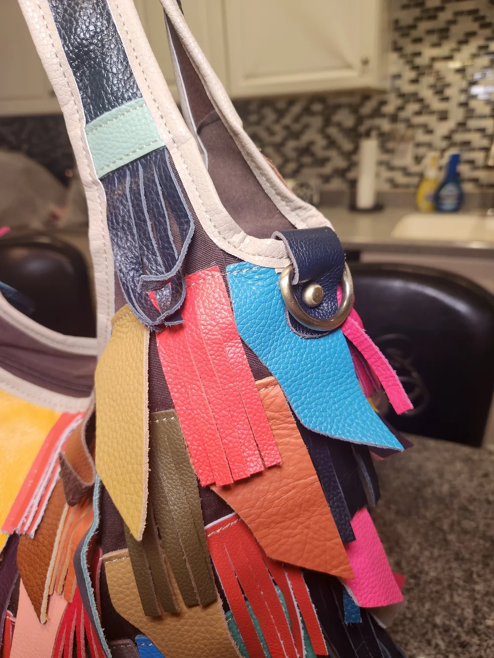 Leather Patchwork Fringe Boho Hobo Shoulder Bag - Picture 3 of 12